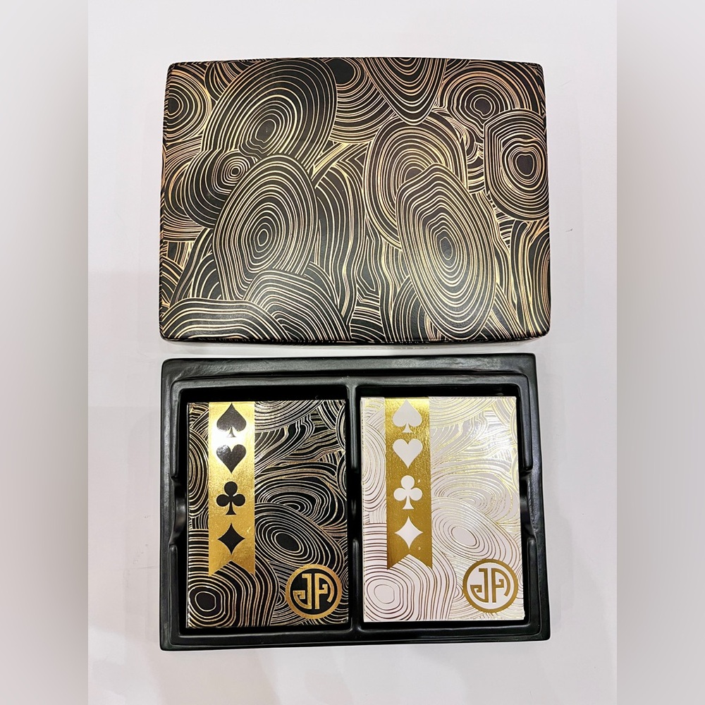 Jonathan Adler Playing Card Set W/ Black Gold Swirl Porcelain Container  Holder